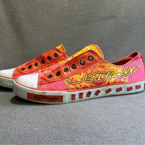 Ed Hardy Women’s 10 Shoes Floral Low-top Sneakers Pink Orange Graffiti Laceless